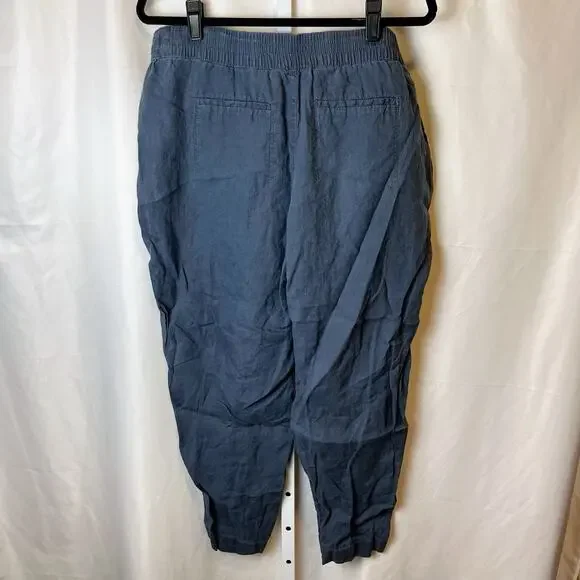 Athleta Women’s Linen Pants Blue Size 16 High Rise Cropped Relaxed Elastic Back - Picture 2 of 4